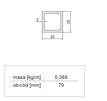 Profil aluminiowy zamknięty 20x20x2 malowany proszkowo — 1000 mm