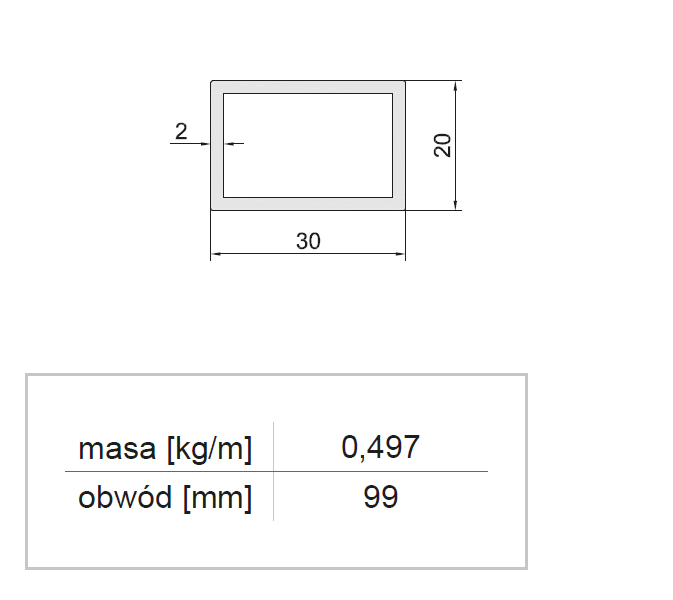 Profil aluminiowy zamknięty 20x30x2 — malowany proszkowo — 1000 mm