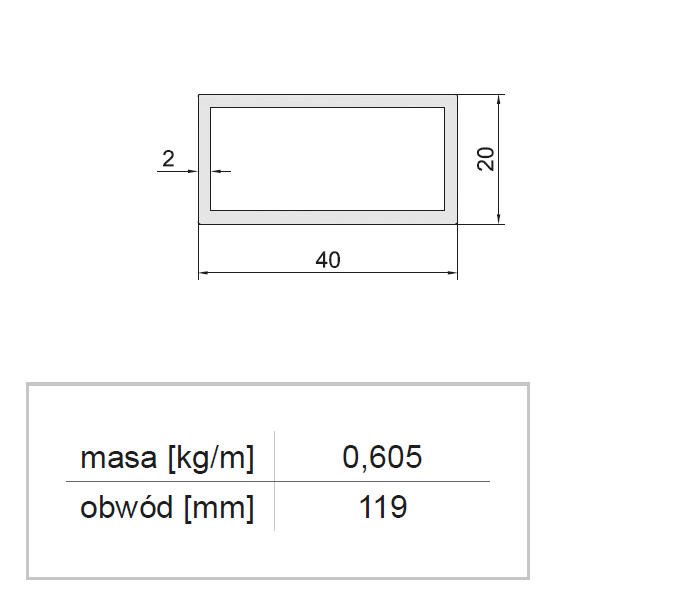 Profil aluminiowy zamknięty 20x40x2 malowany proszkowo — 1000 mm