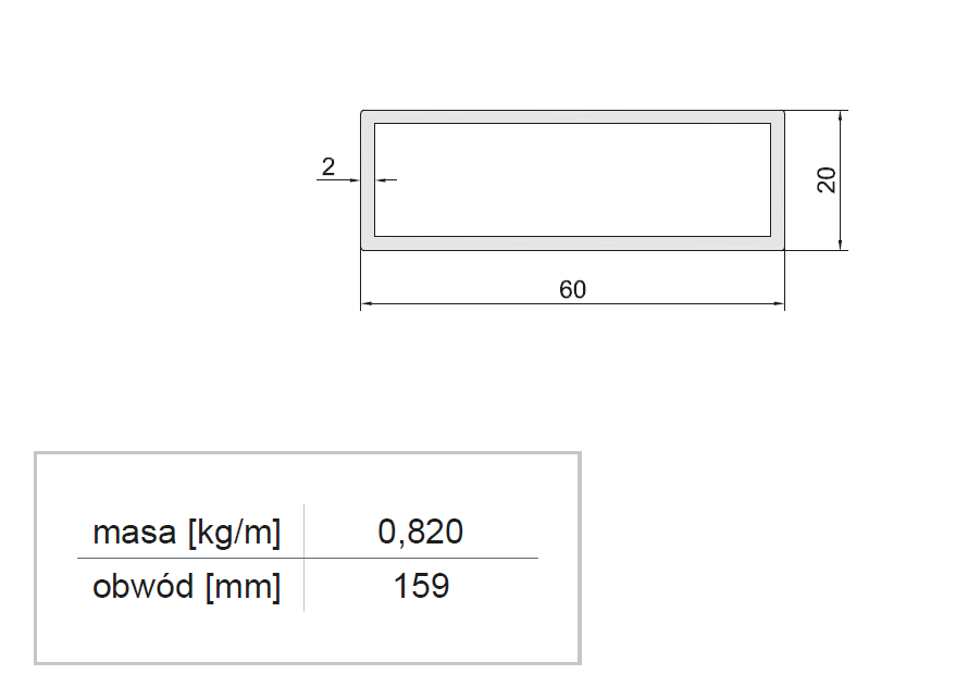Profil aluminiowy zamknięty 20x60x2 — malowany proszkowo — 1000 mm