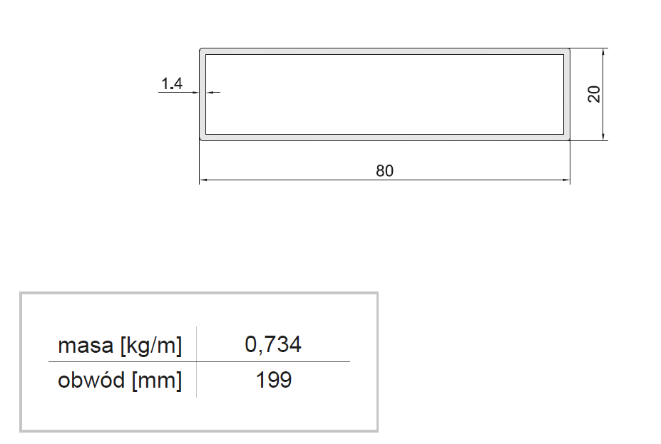 Profil aluminiowy zamknięty 20x80x1.4 — malowany proszkowo — 1000 mm
