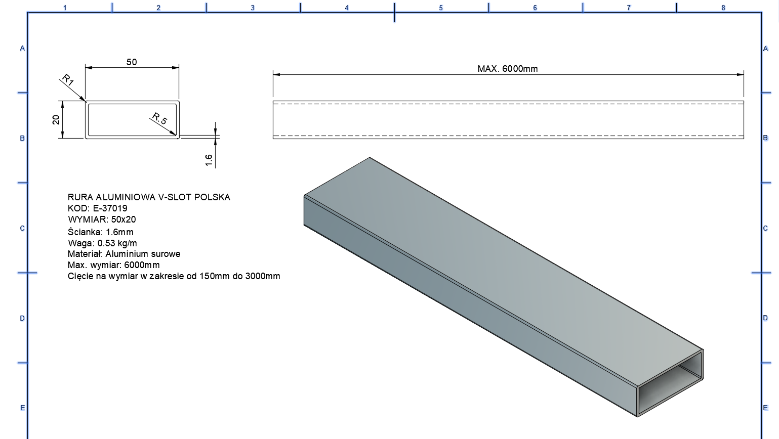 Rura aluminiowa prostokątna 20x50 mm malowany proszkowo — 1000 mm