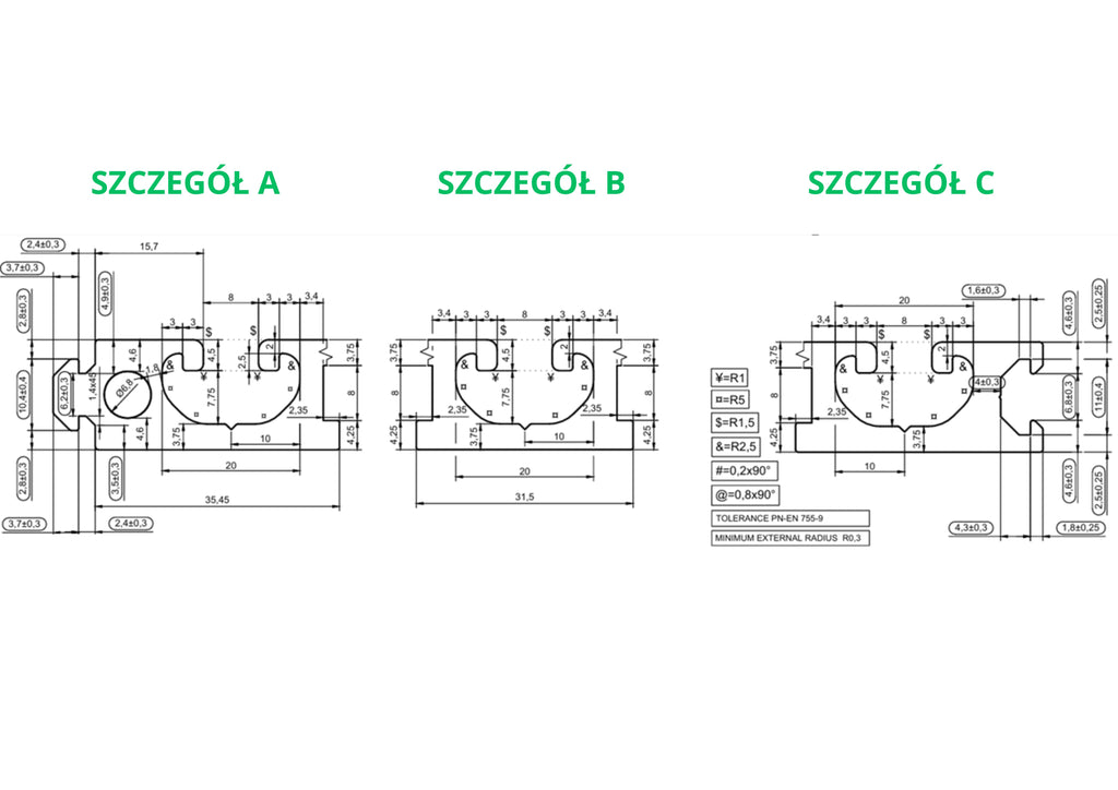 Profil aluminiowy do stołów teowych 126x16 mm z wypustem fi 8 1000 mm