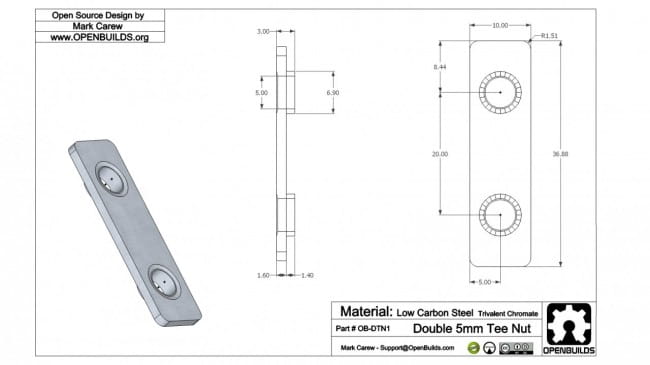 T-Nut podwójny 2xM5 do profili aluminiowych V-SLOT i C-BEAM nakrętka dwuotworowa rowek 6mm.